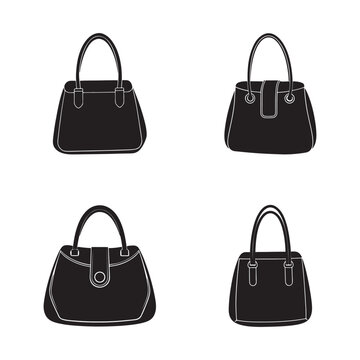 Four different black handbag designs with white outlines on white background  various shapes and styles of purses with handles