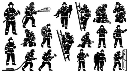Fototapeta premium Black and White Firefighter Silhouettes: Heroes in Action, Vector Set