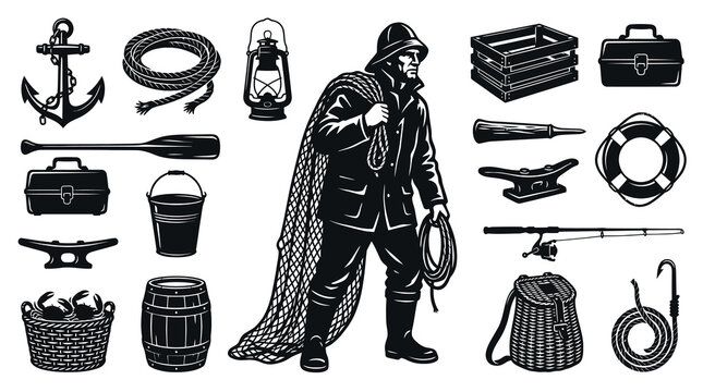 Vintage Black  White Illustration of Fisherman and Nautical Equipment Set - Marine Fishing Icon Collection