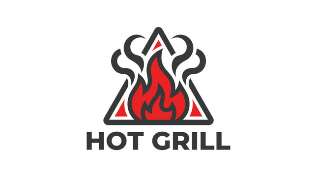 Hot Grill Logo with Flame and Triangle Symbol.