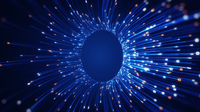 Abstract technology background featuring a glowing big data tunnel with flowing digital signals, representing AI networks, high speed data transfer, cloud computing, and futuristic communication syste