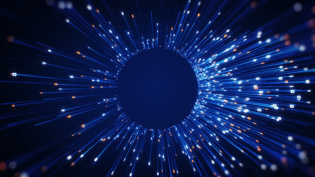 Abstract technology background featuring a glowing big data tunnel with flowing digital signals, representing AI networks, high speed data transfer, cloud computing, and futuristic communication syste