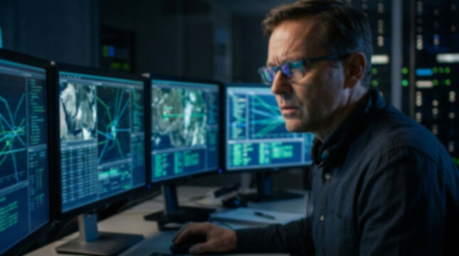 Soft focus blurred photo of Serious male software engineer working late at night on multiple computer screens showing lines of complex code in a dark high tech office environment