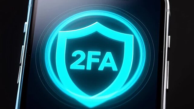 2FA two factor authentication icon on smartphone screen, glowing blue shield security symbol, digital cyber safety and data protection concept