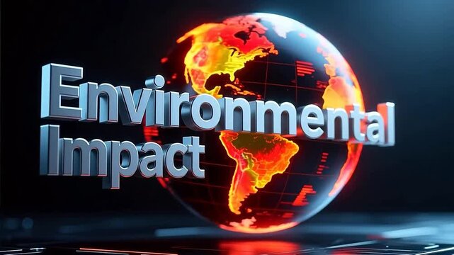 Environmental Impact 3D text with glowing earth globe, global warming and climate change concept, burning planet earth on dark background