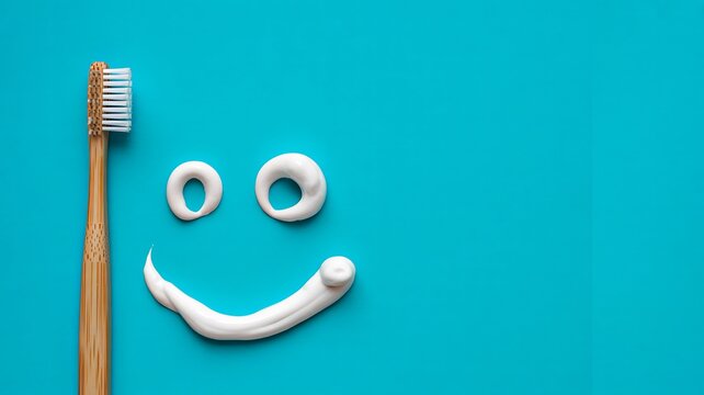 Smiling toothbrush and toothpaste concept on blue background