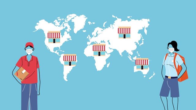 Delivery workers wearing face masks with global store locations on world map backdrop in flat animation style.