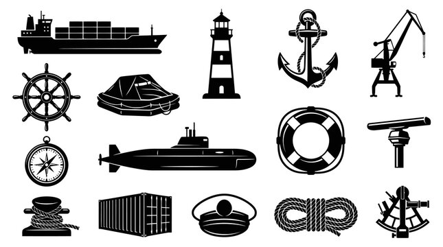 Nautical Icons Black  White: Ship, Anchor, Lighthouse, Submarine, Crane Vector Art