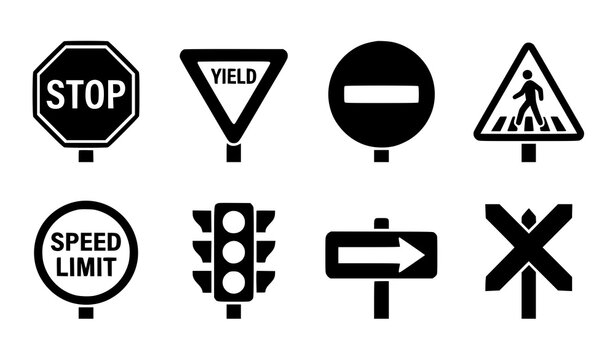 Monochrome traffic sign silhouette vector set with road safety icons for driving and transportation design