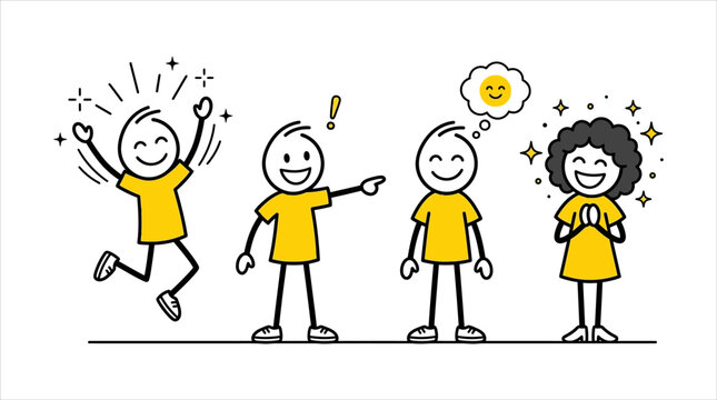 Cheerful stick figures illustrating different positive reactions and successful interactions