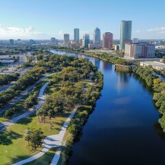Naklejka premium Aerial View of Modern City Skyline with River and Green Parks.