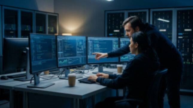 Soft focus blurred photo of Software developers working on computer code together in a dark office at night looking at multiple monitors displaying complex data and programming scripts