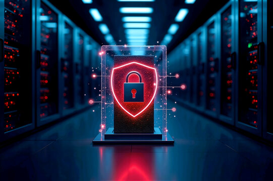Glowing red neon shield and padlock in a dark server room, abstract 3D concept for corporate cybersecurity, enterprise data protection and cloud privacy
