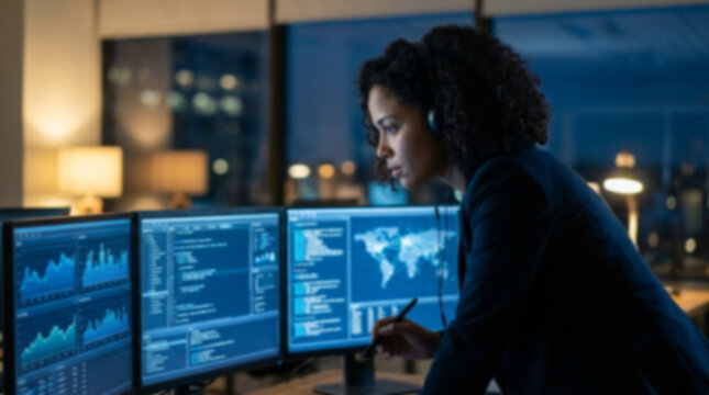 Soft focus blurred photo of Serious woman working late at night on computers with data screens in a dark modern office looking at digital charts and world maps for global business