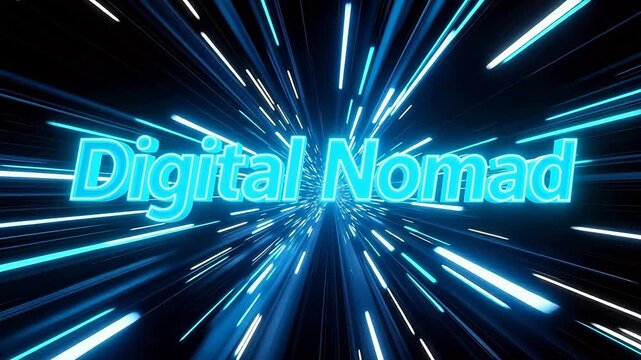 Digital Nomad neon text animation, futuristic hyperspace motion background, glowing blue light streaks, high speed data transfer concept