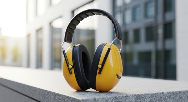 Industrial mustard yellow noise reduction gear with black padded cushions, placed on a concrete ledge for professional ear protection in a construction site or workshop environment, horizontal banner.