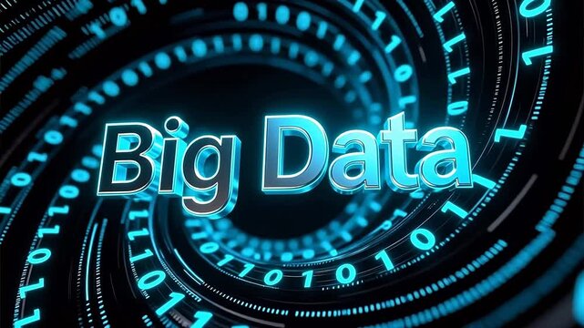 Big Data 3D text in digital vortex, futuristic binary code tunnel with glowing blue light, abstract information technology and cyber security background