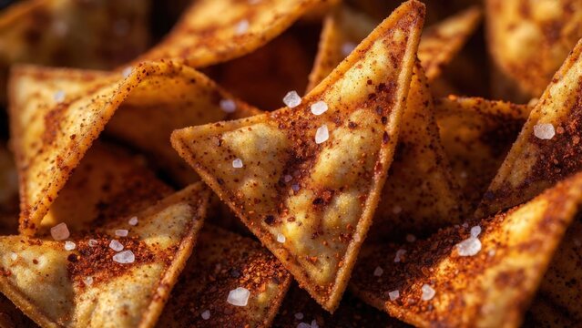 Extreme macro close-up of spicy tortilla chips covered in chili seasoning and sea salt with glowing warm tones, crunchy texture, and cinematic snack food styling.