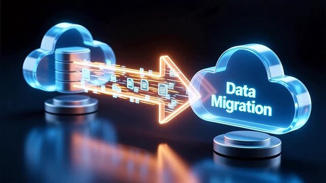 Data migration concept with glowing cloud storage icons, digital information transfer between servers, futuristic blue and orange network technology
