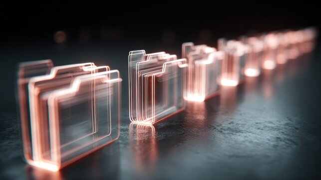 Row of glowing digital folder icons receding into the dark background with shallow depth of field