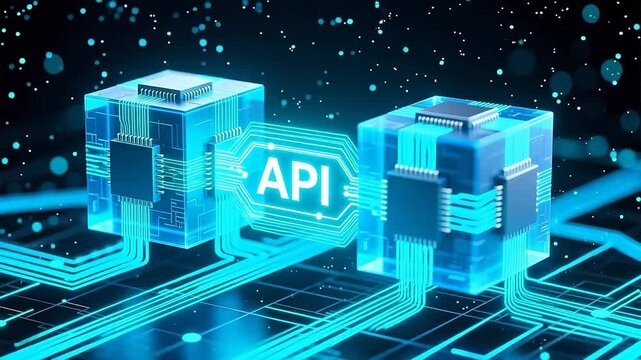 API software interface concept, digital application programming interface on glowing blue circuit board, futuristic data integration and connectivity