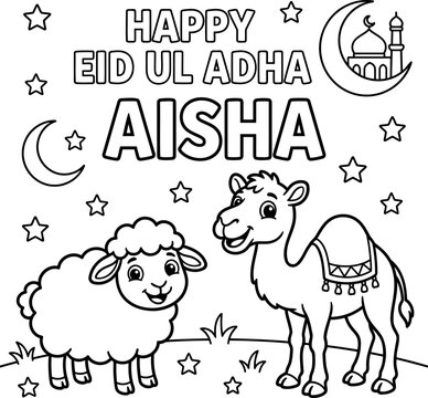 Happy eid ul adha illustration with camel and sheep silhouette