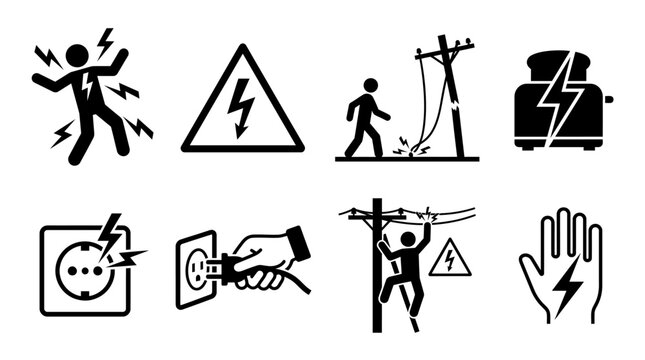 Essential electrical safety icons collection highlighting common shock and hazard warnings