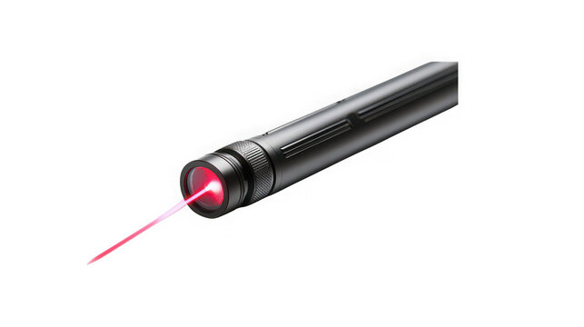 Black laser pointer emitting a red beam on transparent background