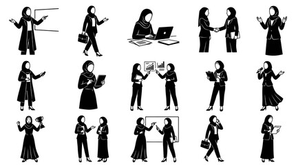 Fototapeta premium Black White Glyph Vector Icons: Diverse Muslim Businesswomen Professional Poses and Corporate Activities