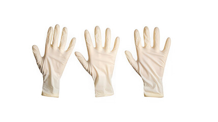Obraz premium Three white latex gloves isolated on transparent background for protection and hygiene