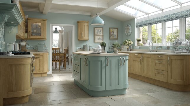 Bright and airy residential kitchen space features natural wood cabinetry and a contrasting pale blue island