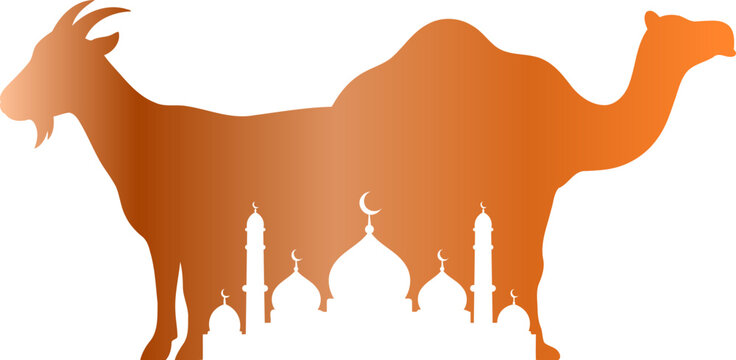 Eid al Adha celebration with camel and mosque silhouette