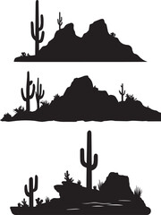 Desert Landscape Silhouette with Cactus and Flying Birds Vector © Irfan vector