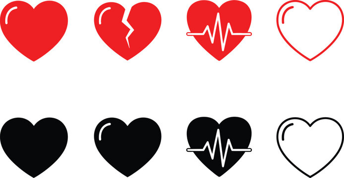 Set of eight heart icons with different styles and conditions Vector