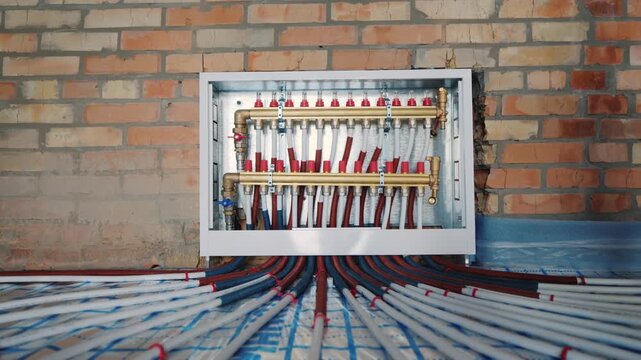 Underfloor heating system manifold and pipes installed on construction site against brick wall background.