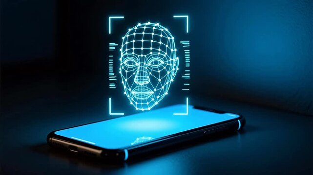Biometric facial recognition technology on smartphone, digital face scanning interface, futuristic mobile security and identity verification concept