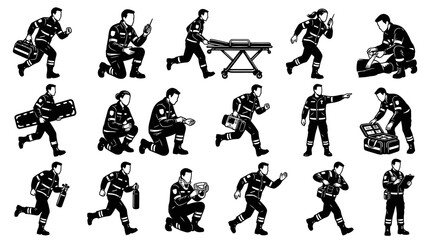 Obraz premium Paramedic EMT Emergency Medical Services Workers Characters Set. Monochrome Black White Glyph Line Art