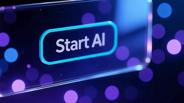 Start AI glowing button on futuristic glass interface, artificial intelligence activation concept, digital technology background with purple bokeh