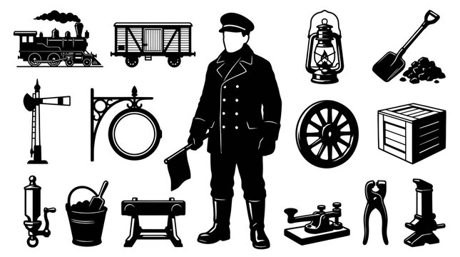 Vintage Railroad  Train Equipment Silhouette Icon Set. Old Railway Transportation Black and White Glyphs