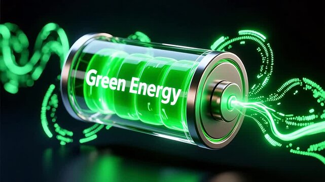 Green energy battery concept with glowing neon light, sustainable power storage cell with futuristic digital interface, eco friendly renewable electricity technology