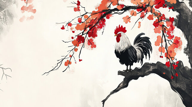 Chinese ink painting rooster perched on ancient plum tree branch red flowers full bloom simple background Spring Festival atmosphere traditional art modern illustration integrated black white gray red