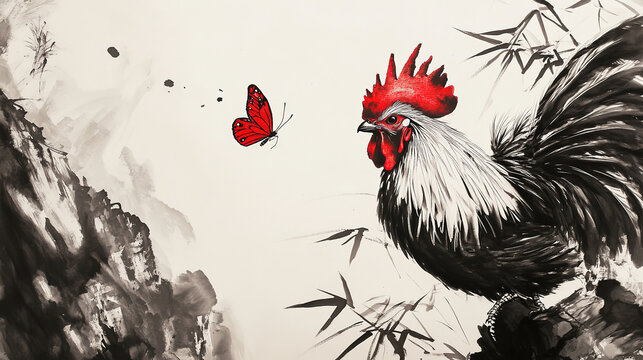Ink painting Chinese style rooster head black white feathers scattered bamboo leaves and rocks red butterfly nearby strong contrast bold powerful strokes simple yet tense texture abstract hand drawn C