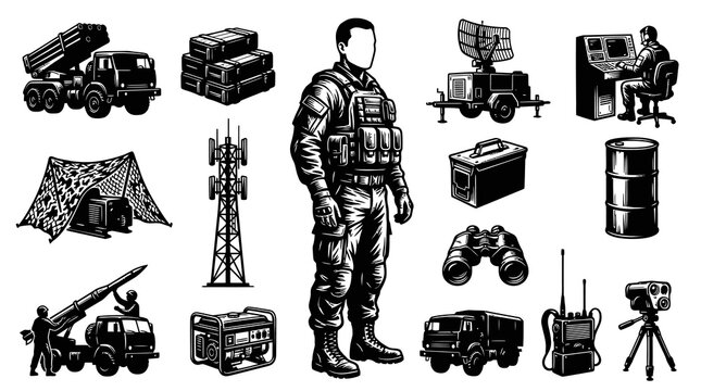 Military Equipment Icons Set - Black and White Line Art Vector