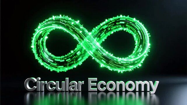 Circular Economy concept with glowing green infinity symbol, sustainable business model loop, digital recycling and environmental conservation