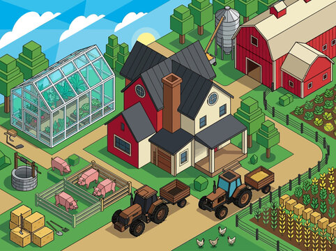 Isometric farm vector illustration featuring a farmhouse, red barn, greenhouse, livestock, tractors, and cultivated vegetable fields in a flat design style.