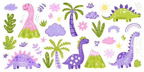 watercolor dinosaur set with tropical plants and rainbow © Huraya
