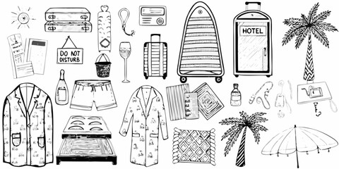 Travel and hotel themed sketch collection on white background © Huraya