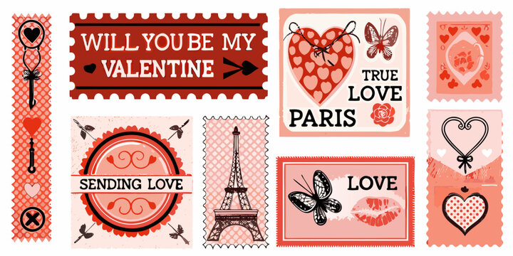 Vintage valentine postage stamps with hearts and romantic messages