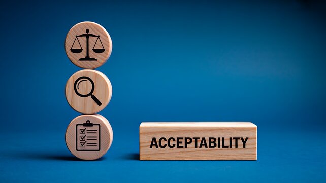 Acceptability concept with legal and approval symbols on blue background