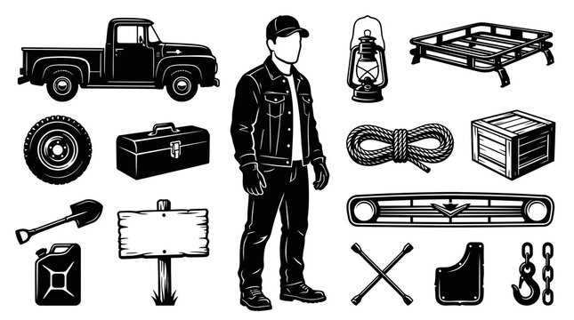 Vintage Truck and Automotive Work Tools Collection. Black and White Line Art Vector Illustration